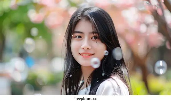 Smiling Asian Woman with Bubbles in the Park