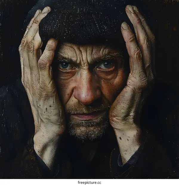 Portrait of an old man with hands on his head