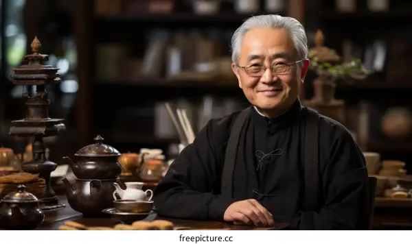 Portrait of a smiling elderly Asian man with gray hair and glasses sitting at a table with a teapot and teacups.