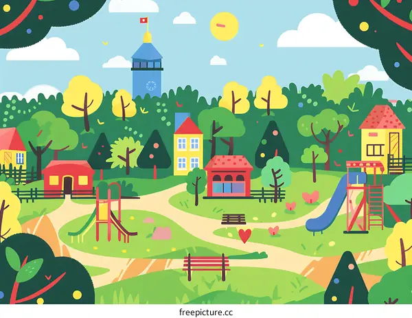 Cartoon Illustration of a Small Town Park With a Playground