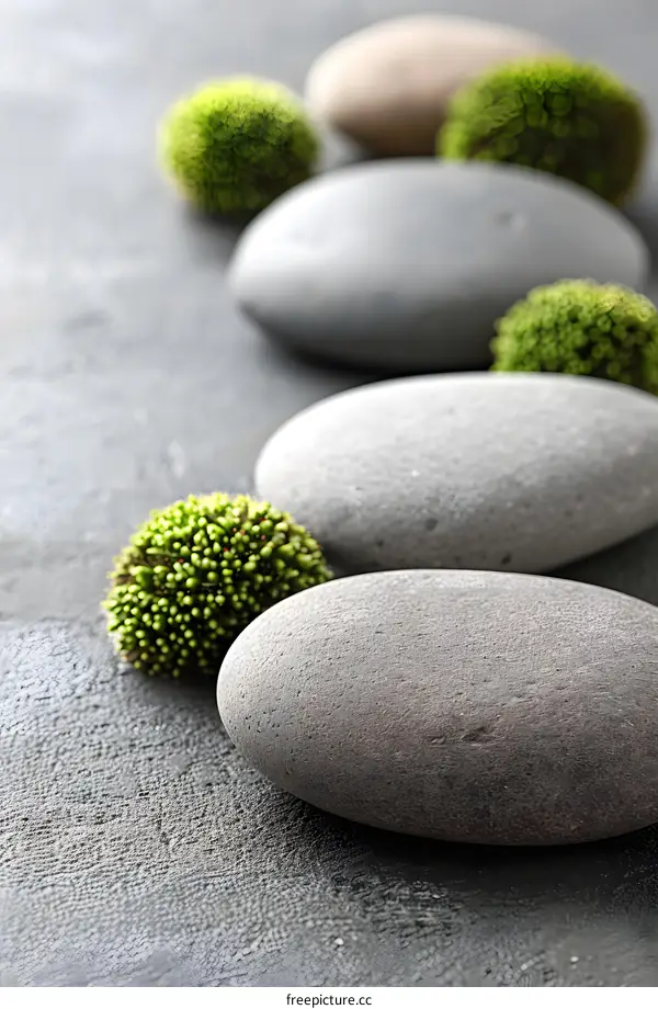 Zen Stones and Green Plants on Grey Background