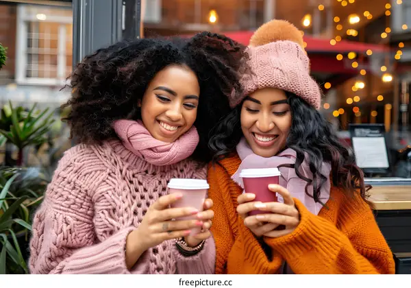 Two Black Women Smiling and Holding Coffee Cups