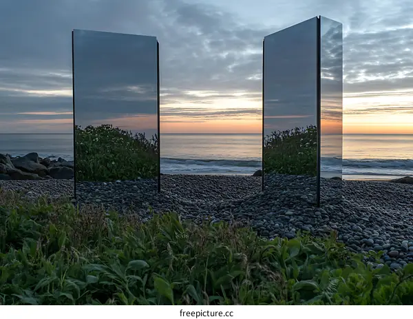 Reflective Mirrors on the Beach During Sunset