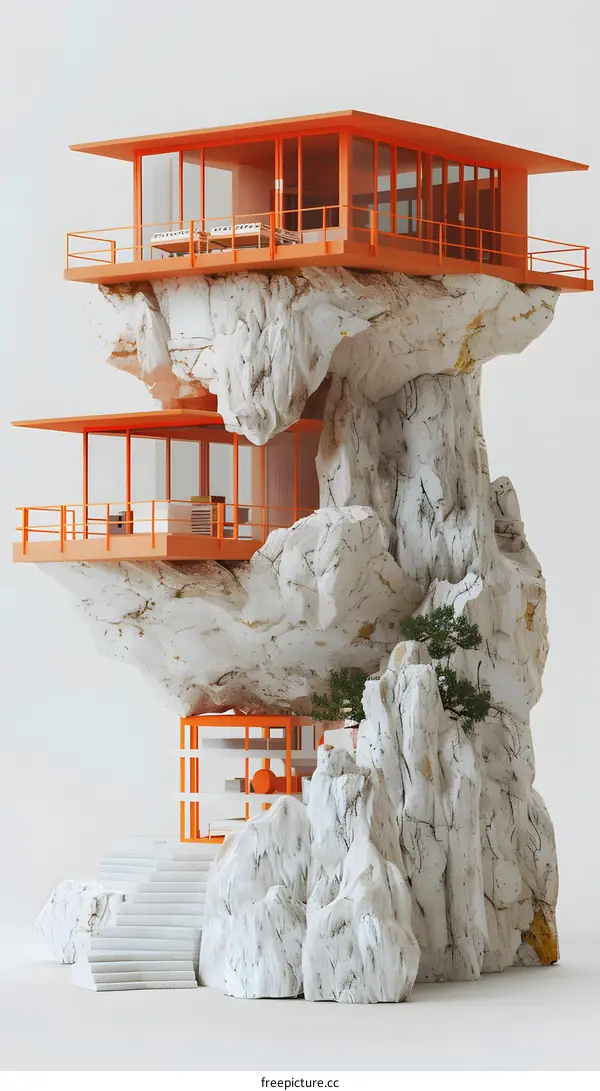 A house built on a rock with a tree growing out of it