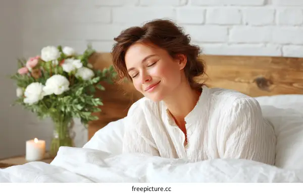 Peaceful Morning in Bed Caucasian Woman