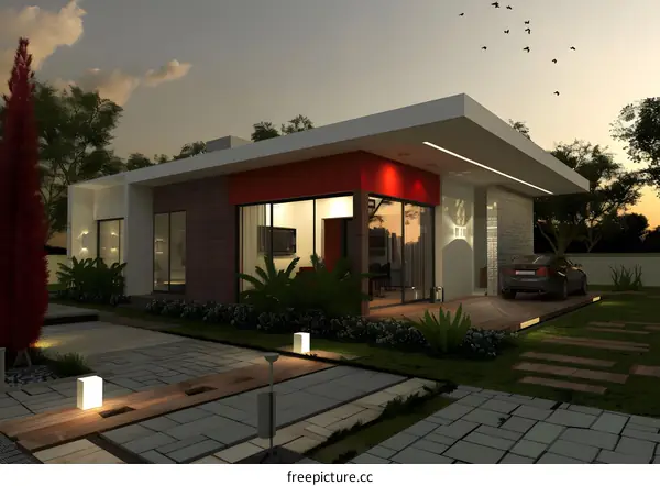 Modern House Exterior with Red Wall and Landscaping