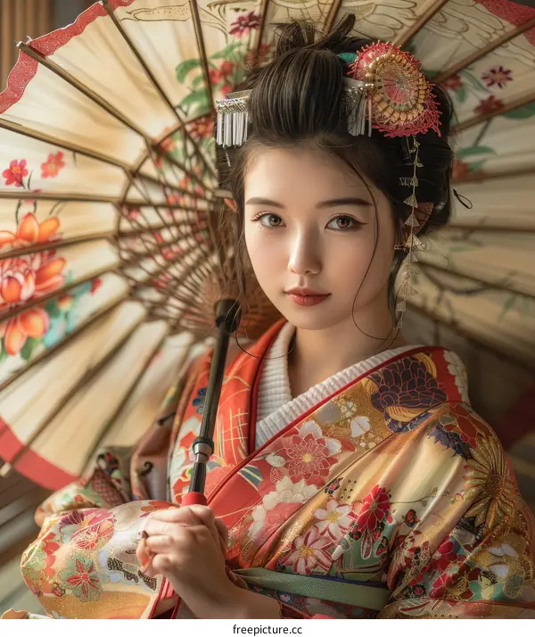 Portrait of a young woman in a kimono holding an umbrella