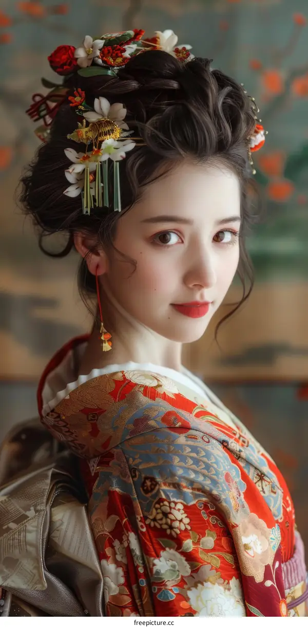 Portrait of a beautiful Japanese woman in traditional kimono