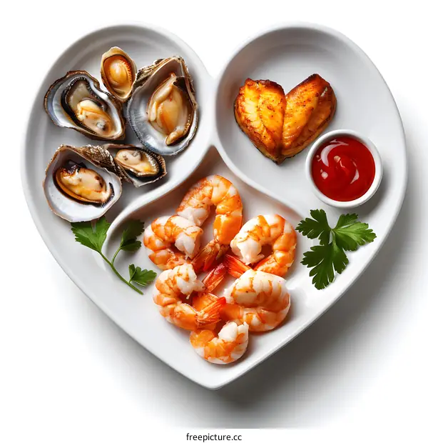 A plate of seafood including shrimp, oysters, and fish