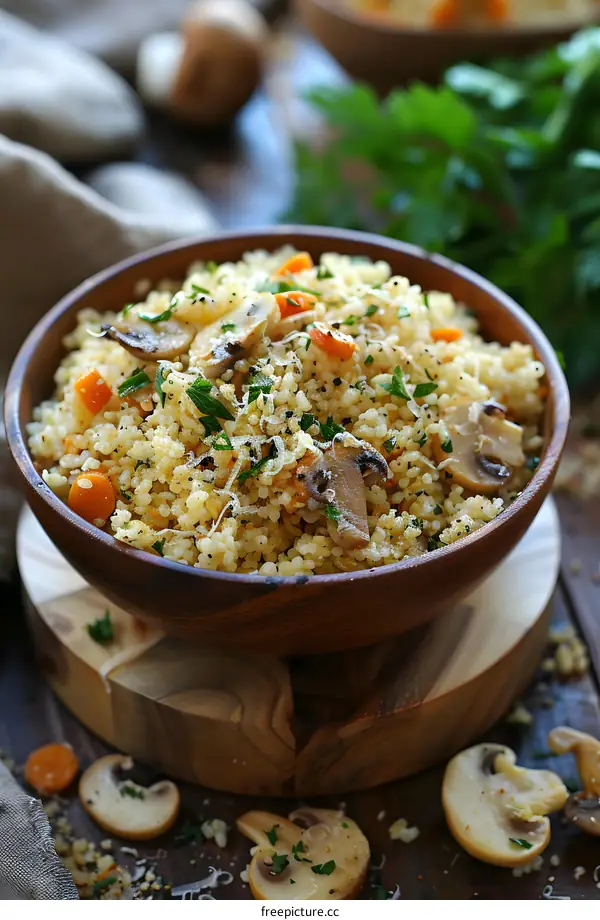Bowl of cooked millet with mushrooms and herbs
