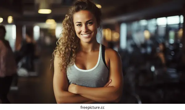 Portrait of a young woman with curly hair smiling in a fitness center