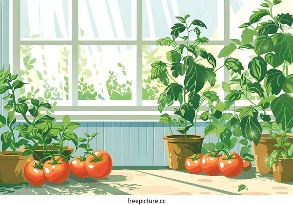 Windowsill Garden with Tomatoes Illustration