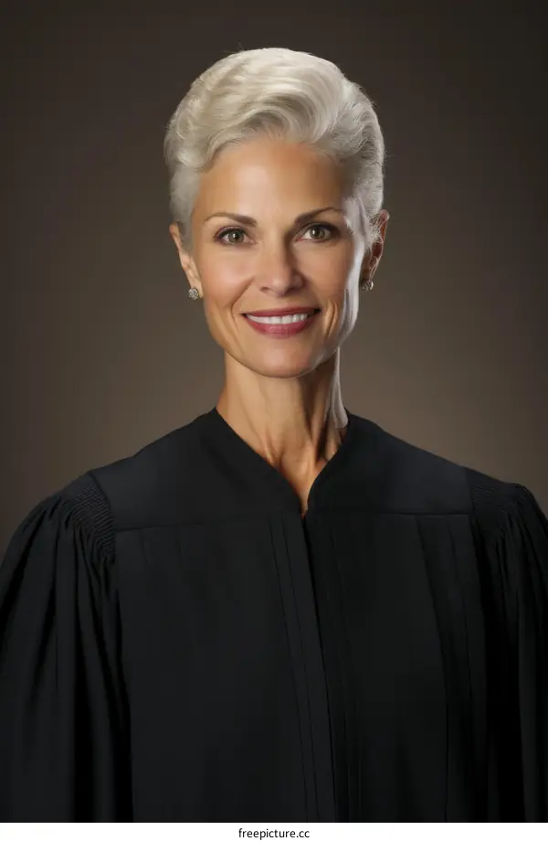 A female judge with short gray hair wearing a black robe smiles at the camera.