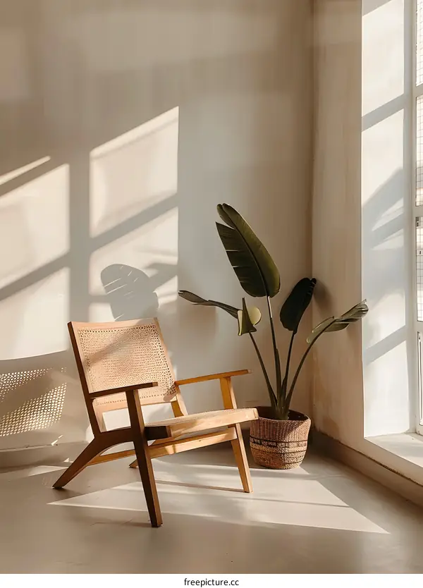 Minimalist Living Room with Wooden Chair and Plant