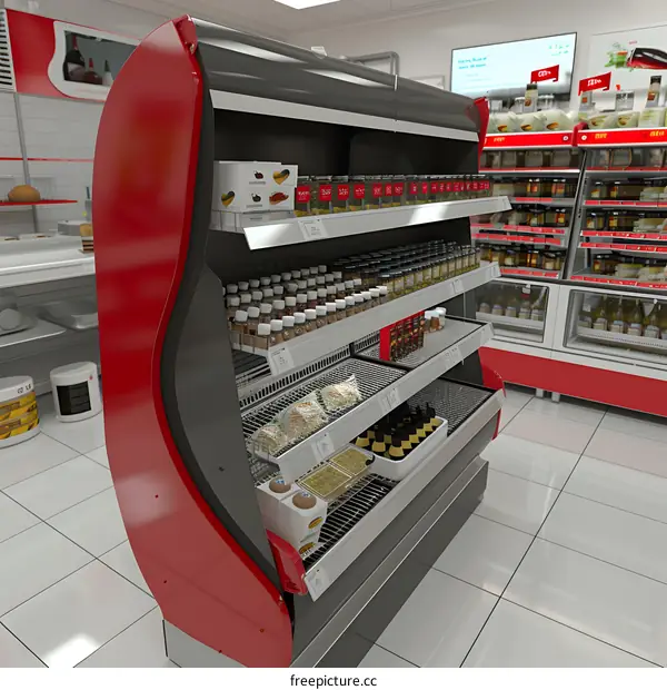 Red and Black Retail Display Shelf Filled with Products