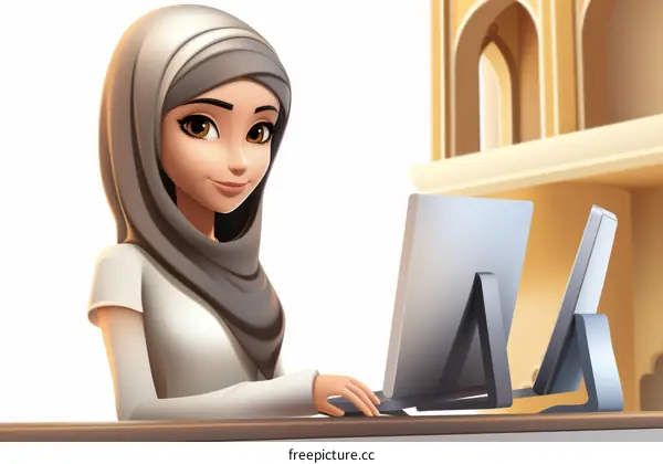 A young woman wearing a hijab is working on a computer.