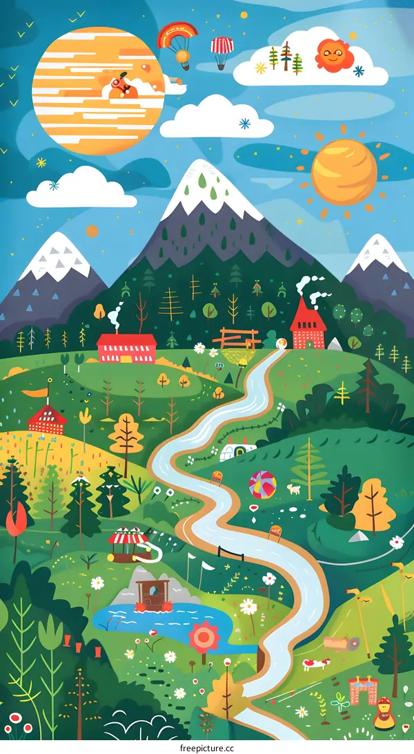 Illustrated Cartoon Landscape with Mountains and River