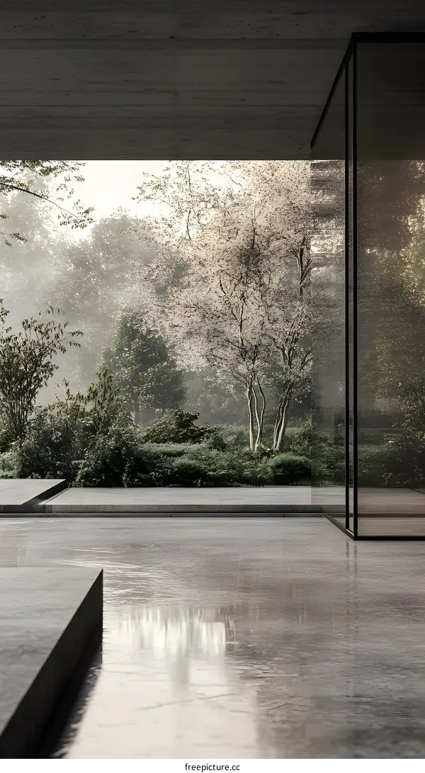 Modern Minimalist Architecture with Glass Wall and Foggy Garden View