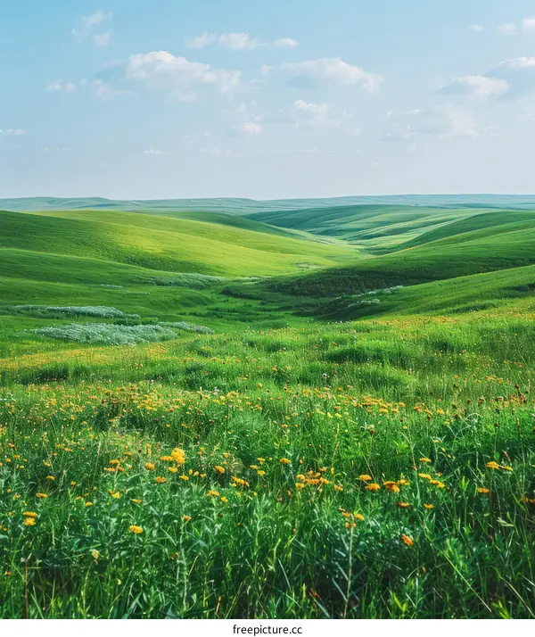 Green rolling hills with yellow wildflowers