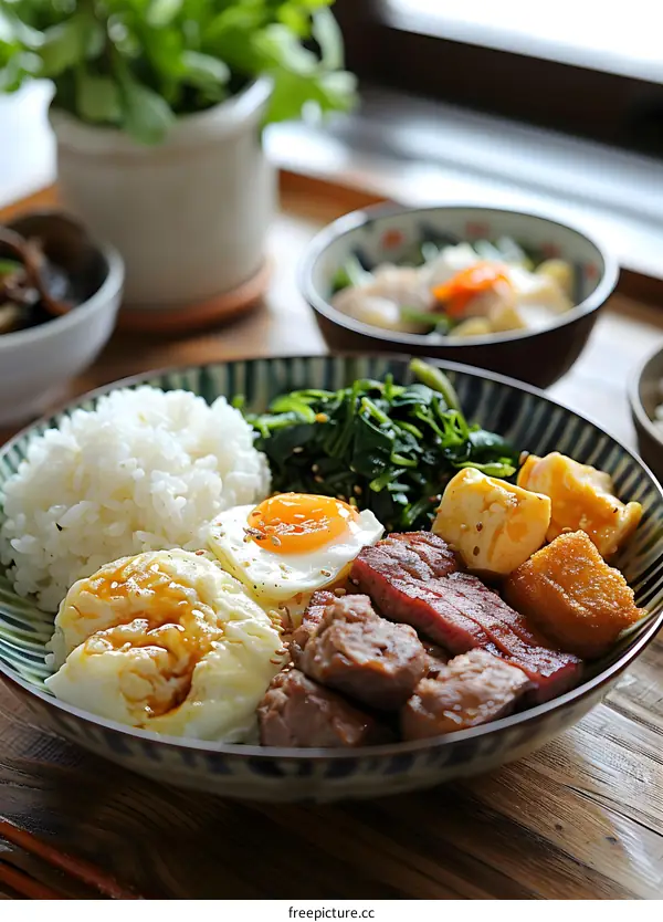 Japanese Style Rice Bowl with Grilled Meat, Egg, and Vegetables