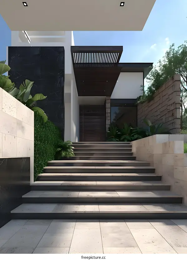Modern Home Entrance With Stone Steps And Lush Greenery