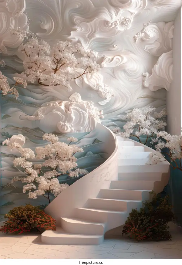 Elegant Staircase with White Walls and Blue and White Floor Tiles