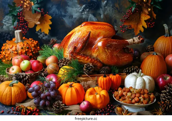 Roasted Thanksgiving Turkey with Apples, Grapes, and Pumpkins