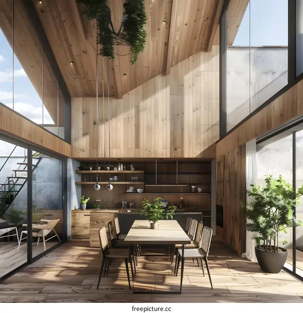 Modern Kitchen Design with Wooden Ceiling and Dining Area