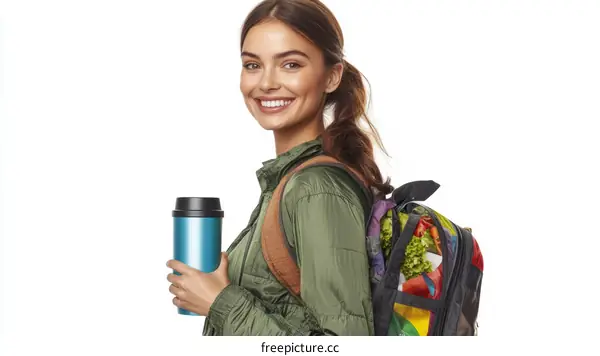 Happy Woman with Backpack and Drink