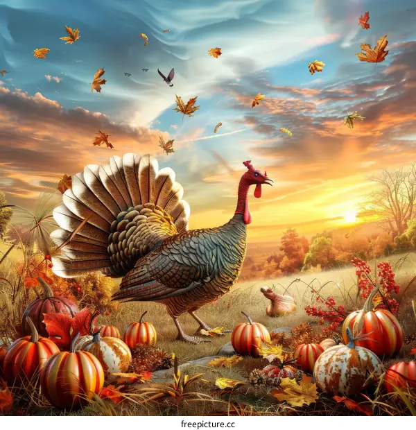 Thanksgiving Turkey in Pumpkin Patch with Sunset