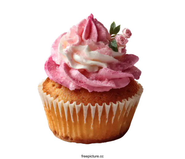 [Transparent Background PNG]Closeup Pink and White Whipped Cream Cupcake with Decoration