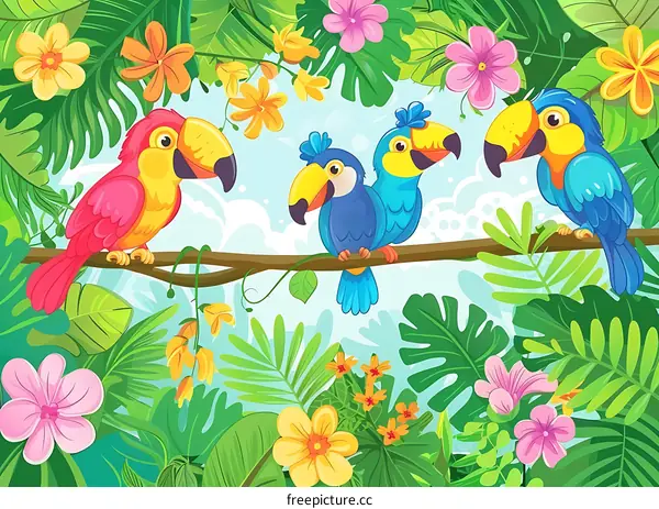 Colorful Toucans on a Tropical Tree Branch