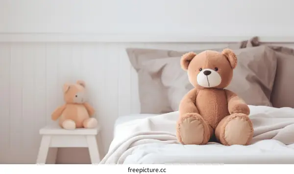 A cute teddy bear sitting on a bed with a blanket and a pillow in the background