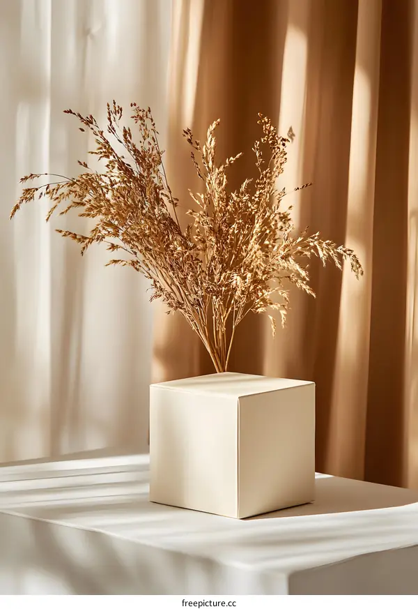 Beige Cube Box with Dried Grass