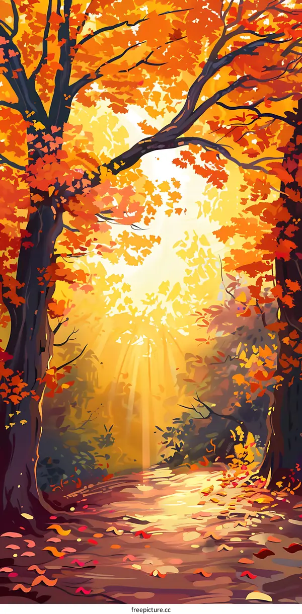 Autumn Forest with Sunbeams Shining Through Trees