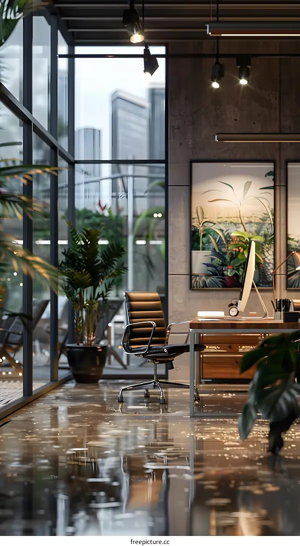 Modern office interior with large windows and a view of the city