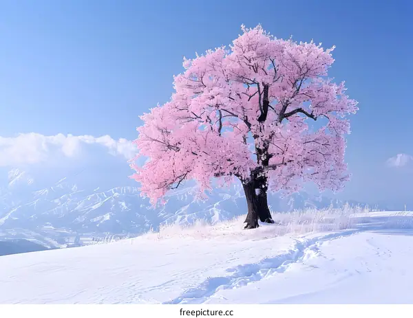 A beautiful winter scene of a snow-covered field with a large cherry tree in full bloom.