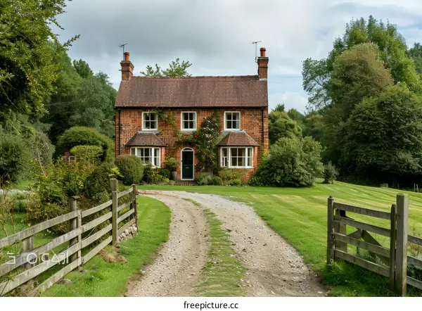 Charming Red Brick Farmhouse with Long Driveway on Serene Grounds
