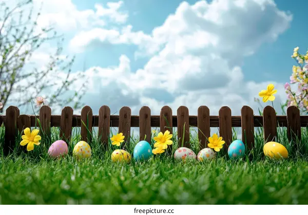 Easter Eggs by a Wooden Fence on a Sunny Day