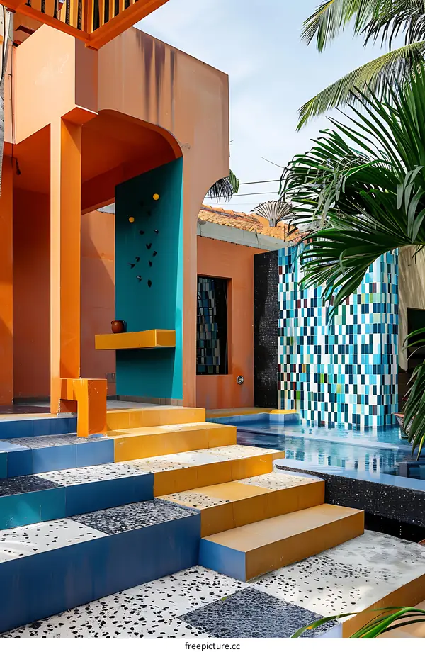 Modern Architecture Design with Blue Tiles and a Pool