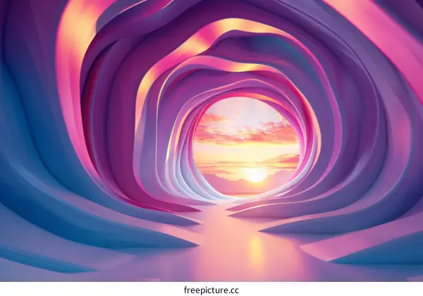 Wavy tunnel with a sunset at the end