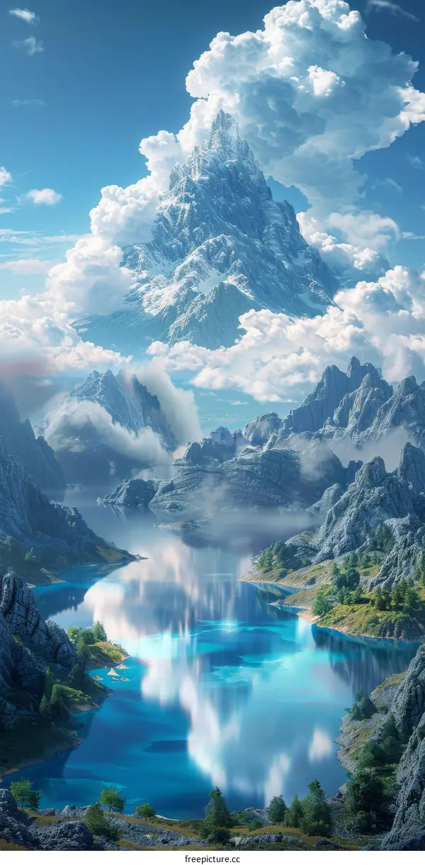 Enchanted Fantasy Landscape with Majestic Mountains and a Serene Lake