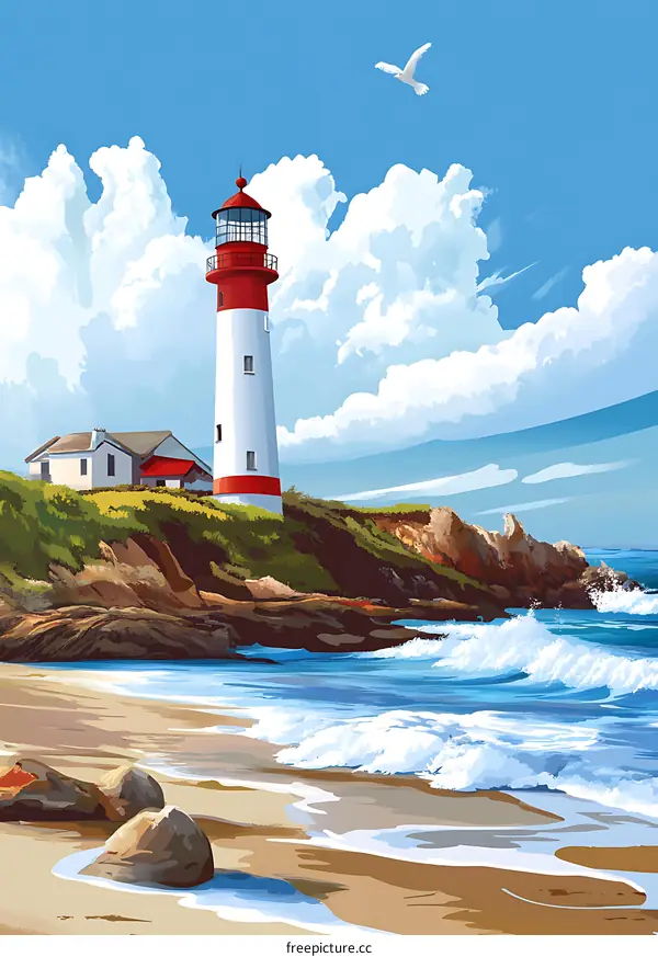 Lighthouse On A Rocky Coast With Waves Crashing On The Beach