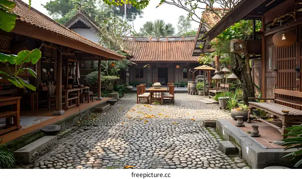 Traditional Asian Courtyard with Cobblestone Path