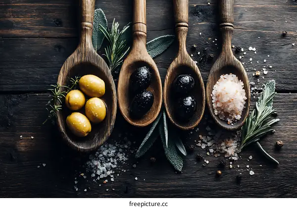 Wooden Spoons Filled with Olives and Herbs