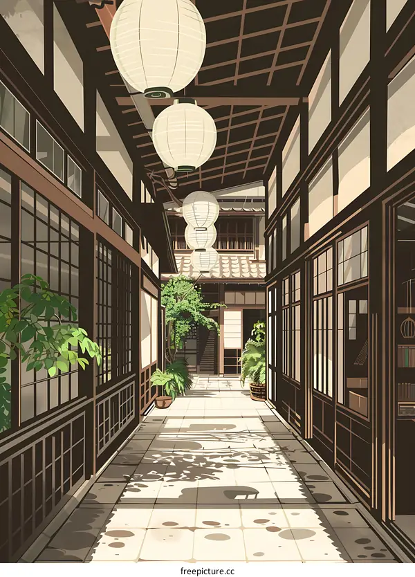 Japanese Traditional Architecture with Hanging Lanterns in a Courtyard
