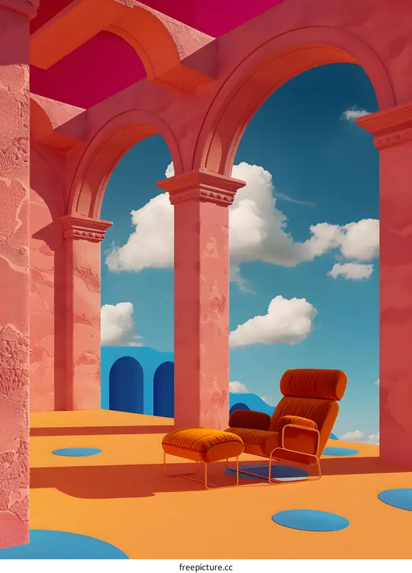 Orange Arches with a Velvet Armchair and Ottoman