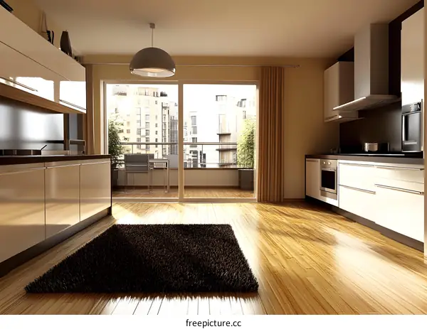 Modern Kitchen with Balcony View and Shag Rug