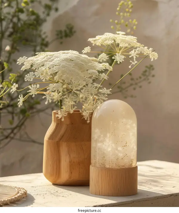 Rustic Wood Vase with Glass Dome and White Flowers