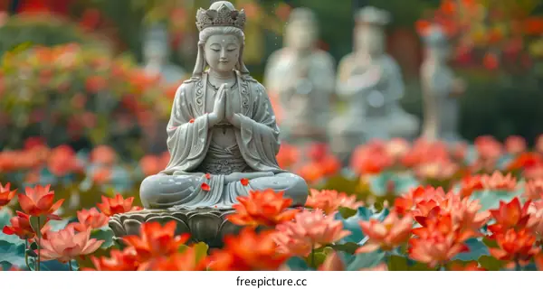 A statue of a Buddhist bodhisattva sits in a lotus pond
